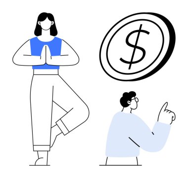 Kişisel finans, farkındalık, karar verme, yatırımlar, finansal planlama, iş hayatı dengesi. Kadın meditasyon, erkek dolar sembolü. Kişisel finans ve farkındalık kavramı