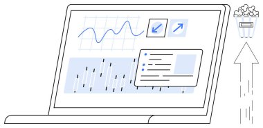 Veri organizasyonu, analitik izleme, bulut yüklemesi, atık yönetimi, iş planlaması, arayüz tasarımı. Çizelgeleri, grafikleri ve veri simgelerini gösteren dizüstü bilgisayar ekranı. Veri yönetimi ve analiz