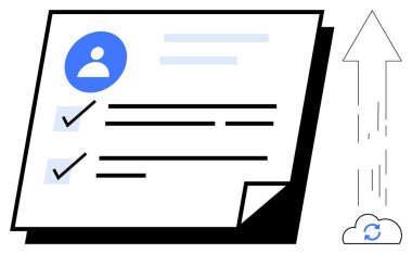 Belge yönetimi, bulut hizmetleri, görev tamamlama, dijital iş akışı, çevrimiçi organizasyon, veri senkronizasyonu. Buluta yükleme oku olan bir sayfadaki kontrol listesinin resmi. Belge yönetimi