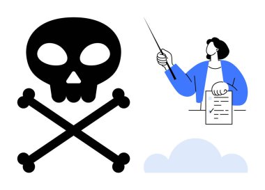 Educator holding teaching notes and pointer near skull and crossbones warning, symbolizing risk education and awareness. Ideal for hazard guidance, prevention, safety, teaching, awareness, warning