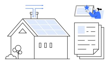 Yenilenebilir enerji, akıllı otomasyon, çevre dostu yaşam, belge yönetimi, çevrimiçi hizmetler, dijital iş akışları. Güneş enerjili ev bağlı borular, belgeler ve çevrimiçi doğrulama yapan bir kişi.