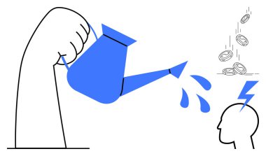 Finansal büyüme, yatırım, fikir üretimi, yaratıcılık, bilgi ve yenilik. Sulama tenekesinden akan su yıldırımlar ve düşen paralar ile bir kafaya dökülüyor. Mali büyüme