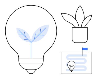 Sürdürülebilirlik kavramı. Yenilenebilir enerji ampul ve yaprak sembolüyle sergileniyor. Sürdürülebilirlik asgari bitki unsurlarıyla sağlanır. Çevre dostu, yenilik ve yeşil enerji için mükemmel. Geniş