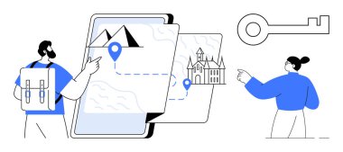 Seyahat planlama, dijital navigasyon, turizm, rota haritası, yer etiketleme, keşif. İki gezgin, güzergahları ve işaretleri gösteren dijital bir haritayla etkileşim halindeler. Seyahat planlama ve dijital