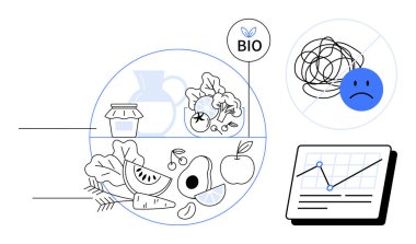 Organik gıda seçimi, BIO etiketi, mutsuz yüz sembolü ve analitik tablonun yanı sıra meyve, sebze ve tahılları da işaret ediyor. Sağlık, sağlık, beslenme, ruhsal sağlık için ideal