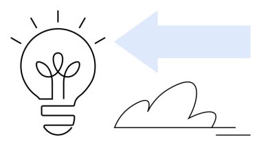 Innovation, sustainability, creativity, environmental awareness, direction, progress. A lightbulb with a plant, arrow pointing. Innovation and sustainability concept
