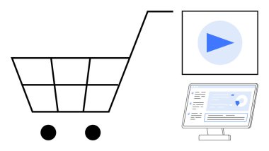 E-ticaret, dijital pazarlama, alışveriş deneyimi, teknoloji anlayışı, video dersleri, analitik. Alışveriş arabası, oyun düğmesi ve verilerle birlikte ekran. E-ticaret ve dijital pazarlama görselleri