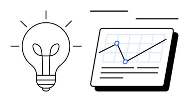Ampul yaratıcılığı sembolize ediyor. Artan trend çizgileri olan veri tablosunun yanında. Yenilik, strateji, analitik, problem çözme, büyüme, iş, teknoloji için idealdir. Basit düz metafor