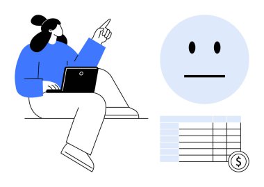 Finansal analiz, iş planlaması, işyeri verimliliği, veri görselleştirmesi, ekonomik kararlar, izleme masrafları. Dizüstü bilgisayar, yüz simgesi ve hesap tablosu kullanan bir kadın. Finansal analiz