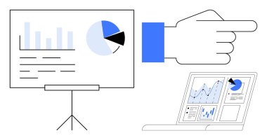 İş sunumları, veri analizleri, takım çalışması, tahminler, karar verme mekanizmaları ve dijital aletler. Bar tablosu, pasta tablosu ve işaret eden eli olan analitik gösterge paneli. Veri analizi ve işbirliği