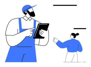 Dijital işbirliği, takım çalışması, iletişim, modern teknoloji, lojistik, yönetim. İşyeri kıyafetli bir adam tablet kullanıyor ve işaret eden bir kadınla etkileşimde bulunuyor. Dijital işbirliği ve takım çalışması