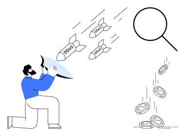 Cybersecurity, DDoS protection, online threats, cyber defense, IT security, data loss prevention. A person with a shield deflecting missiles marked DDoS, coins, and a magnifying glass in view