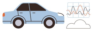 Ulaşım, veri analizi, bulut hesaplama, akıllı arabalar, teknoloji, yenilik. Veri grafiği ve bulut simgesinin yanında mavi araba. Ulaşım ve veri analizi kavramı