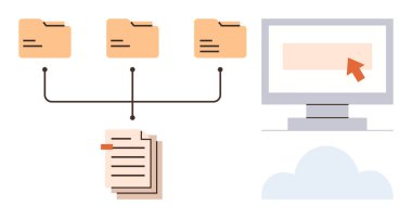 Veri organizasyonu, bulut bilgisayarı, dosya paylaşımı, dijital depolama, ağ senkronizasyonu, uzaktan erişim. Bağlı dizinler, istiflenmiş dosyalar bilgisayar ekranı ve veri akışını görselleştiren bulut simgesi. Veri