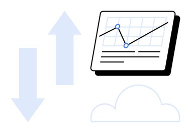 Veri noktaları ve yukarı ve aşağı oklarla analiz çizelgesi. Veri depolama veya paylaşma için bulut simgesi. Ticari büyüme, teknoloji, eğilimler, dijital ekonomi, tahmin, istatistik, bulut için ideal