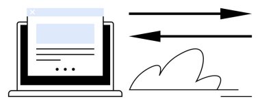 Bulut bilgisayarı, veri transferi, internet bağlantısı, çevrimiçi hizmetler, dijital bilgi, ağ altyapısı. Web sayfası ve okları olan dizüstü bilgisayar, bulut şeklinde. Bulut hesaplama ve veri transferi