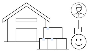 Depo konsepti. Depo tesisi teslimat için paketlerin depolanması ve iş akışının mutlu bir müşteriye ulaşımı göstermesi. Depo lojistiği, tedarik zinciri ve e-ticaret. Teslimat sistemleri için