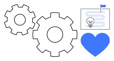 İşlem yönetimi. Dişli sembolleri, yol haritası elementi ve kalp ikonuyla işlem yönetiminin soyut iyonu. optimizasyon, planlama, takım çalışması, yenilik ve iş akışı için süreç yönetimi