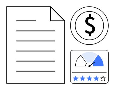 Financial concept. Financial document with dollar symbol, credit score visual, and customer star ratings. Financial analysis for business, credit evaluations, customer reviews, and transactions