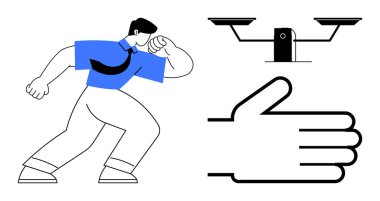 Güvenlik, mahremiyet, onay, iş kavramları, etik kararlar, gözetim. Koşan bir işadamı, bir güvenlik kamerası ve onaylı bir onay. Güvenlik ve gizlilik kavramları