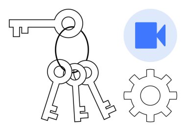Güvenlik, teknoloji, dijital erişim, video şifreleme, kimlik doğrulama, medya araçları. Görüntü bir takım anahtar, bir dişli ve bir video simgesi gösteriyor. Güvenlik ve teknoloji kavramları
