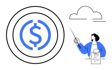 Kalın çizgileri olan dolar sikkesi, stilize bulutu gösteren ve kağıt tutan profesyoneller. Finans, öğretim, yatırım, sanal para birimi, bankacılık, tasarruf, eğitim fikirleri için ideal düz