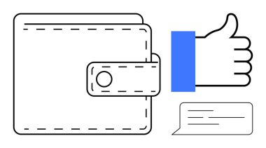 Dijital cüzdan. Dijital cüzdan sembolü teknoloji çağındaki mali işlemleri vurguluyor. Başparmaklar yukarı ve sohbet balonu olumlu geri bildirim ve kullanıcı etkileşimi. Fintech, e-ticaret, kullanıcı arayüzleri için