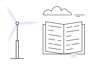 Yenilenebilir enerji kavramı. Açık bir kitapla bilgilerle bağlantılı bir rüzgar türbini tarafından yenilenebilir enerji. Eğitim, sürdürülebilirlik, çevre dostu çözümler, yenilik ve yeşil enerji için yenilenebilir fikirler