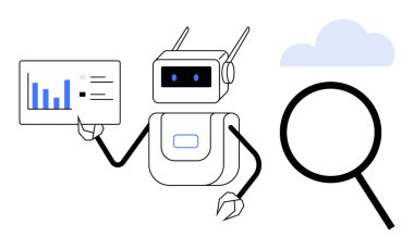Robot holding data chart, magnifying glass symbolizing search, cloud representing online storage. Ideal for analytics, AI, cloud computing, data visualization, technology automation research. Clean