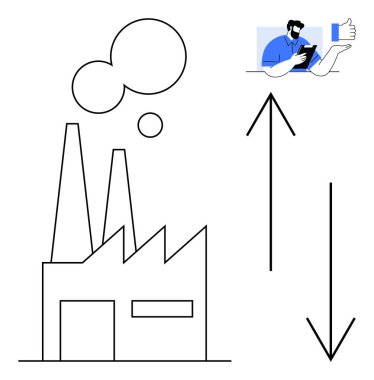 Üretim, geri besleme sistemleri, dijital iletişim, sürdürülebilir uygulamalar, endüstriyel süreçler, verimlilik geliştirmeleri. Fabrika duman yayıyor, ok bir adamın onay simgesine işaret ediyor