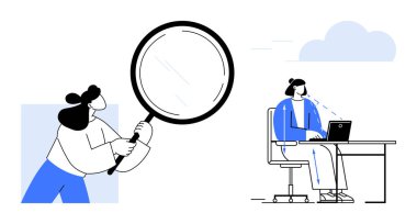 Çevrimiçi arama kavramı. Bir kişi, dizüstü bilgisayar kullanarak işe odaklanmış başka bir kişinin yanında geniş bir büyüteç arama ve analiz yapar. Çevrimiçi arama fikirleri arasında araştırma, işyeri verimliliği