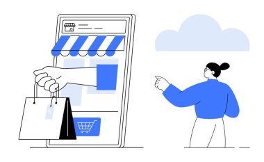 E-ticaret, çevrimiçi perakende, tüketici davranışı, alışveriş teknolojisi, dijital etkileşim, sanal mağazalar. Alışveriş torbaları ve işaret eden insanlarla dolu akıllı telefon ekranı. E-ticaret ve çevrimiçi perakende