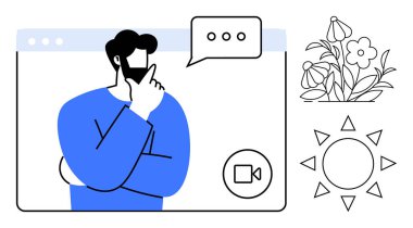 İletişim, beyin fırtınası, uzak çalışma, yaratıcılık, doğa, yenilik. Tarayıcı penceresi içinde, çiçekli ve güneşli bir video görüşmesinde düşünceli bir insan. İletişim ve beyin fırtınası