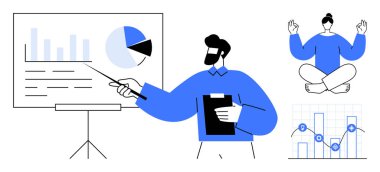 İş stratejisi, analitik, liderlik, akıl sağlığı, verimlilik, veri görselleştirme. Profesyonel bir analitik sunumu, yoga figürü dengeyi öneriyor. İş stratejisi ve zihinsel