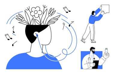 Akıl sağlığı konsepti. Ruh sağlığı, müzik, yaratıcılık ve refah arasındaki bağlantıyla ön plana çıkıyor. Terapi, kişisel bakım ve bütünsel sağlık konularında zihinsel sağlık farkındalığı. Sağlığın için.