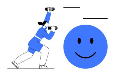 Fitness konsepti. Halter kullanan bir kadının, büyük, mutlu bir yüzle etkileşime girdiği spor aktivitesi. Fitness sağlık, pozitiflik ve aktif yaşam tarzını teşvik eder. Sağlık ve egzersiz için ideal.