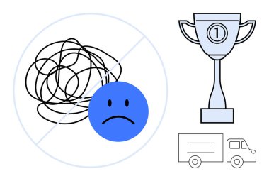 Başarı konsepti. Hüzünlü yüz ve karışık halatların zorluklarından başarıya ulaşmak için kupa ve kamyonla hedeflere ulaşmak. Teslimatta başarı, başarı, iş büyümesi ve motivasyon