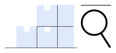 Büyüteç, istiflenmiş kutuları inceliyor, organizasyon, arama ve kalite kontrolü öneriyor. Lojistik, tedarik zinciri, envanter, e-ticaret, problem çözme verimliliği için ideal daire
