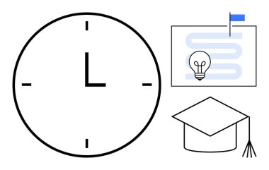 Zaman yönetimi. Mezuniyet şapkası ve yol haritasıyla saat verimliliği. Zaman yönetimi eğitimi dengeliyor ve öncelikleri belirliyor. Akademisyenler, verimlilik, kariyer büyümesi ve atölyeler için