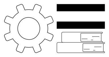 Bilginin, iş akışının ve sistematik düşüncenin bağlantısını gösteren istiflenmiş kitapların ve yatay çubukların yanındaki vites. Eğitim, süreç yönetimi, organizasyon, iş akışı, mekanik için ideal