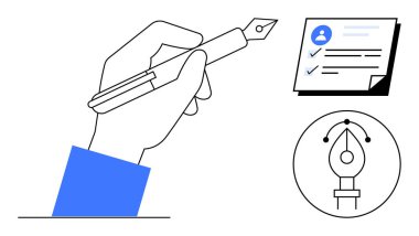 Elinizde dolmakalem, profil simgesi ile tamamlanmış kontrol listesi ve daire şeklinde dijital tasarım kalem aracı var. Yaratıcılık, yazma, planlama, tasarım, üretkenlik, eğitim iletişimi için ideal