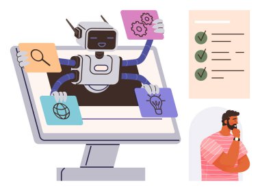 Yapay zeka, üretkenlik araçları, görev otomasyonu, karar verme mekanizması, kullanıcı etkileşimi, dijital iş akışı. Bir insan gözlemlerken, robot ekran işleme simgelerinden çıkıyor. Al!