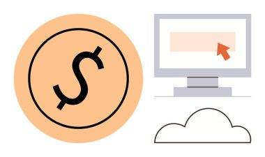 E-ticaret, dijital işlemler, online bankacılık, fintech, finansal teknoloji, bulut hesaplama. Görüntü bir dolar simgesi, bilgisayar ekranı ve bulut ögesi gösteriyor. Dijital bankacılık ve e-ticaret teması