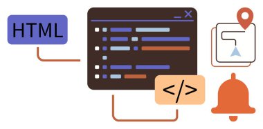 Web geliştirme, programlama araçları, teknoloji hizmetleri, kodlama platformları, uygulama geliştirme, sistem bildirimleri. Kod düzenleyici, HTML etiket konum navigasyon uyarı zili. Web Geliştirme