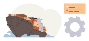 Küresel ticaret, lojistik, nakliye endüstrisi, tedarik zinciri, ulaşım, ithalat-ihracat. Kargo gemisi vites ve bilgi elementlerinin yanında konteynırlarla dolu. Küresel ticaret ve lojistik kavramı