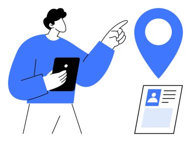 Yer belirleme. Tablet tutarken haritadaki yeri belirten bir kişi. Navigasyon, kimlik ve dijital araçları bağlayan konum izleme. Uygulamalar, navigasyon için