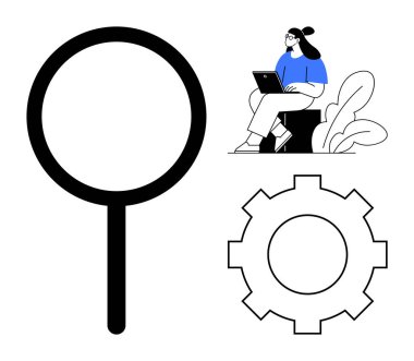 Teknoloji konsepti. Basitleştirilmiş elementler büyüteç, ekipman ve dizüstü bilgisayar teknolojisi ve araştırması olan bir kadını işaret ediyor. Yenilik ve analiz için teknoloji fikirleri. Teknoloji için uygulanabilir