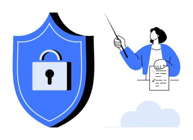 Kalkanlarda asma kilit var. Özel hayat politikası sunan eğitmenin yanında veri korumasını da sembolize ediyor. Siber güvenlik, çevrimiçi güvenlik, eğitim, uyum, teknoloji, eğitim için ideal, basit bir daire