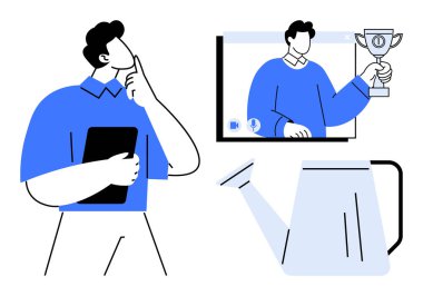 Tablet tutan adam, ekranda dijital kupayı izleyen adam, başarıyı, büyümeyi ve motivasyonu simgeliyor. Kariyer hedefleri, uzak başarılar, liderlik, üretkenlik kişisel gelişimi için ideal online