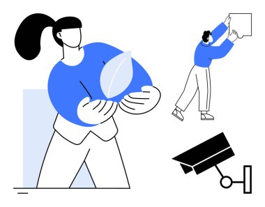 Sürdürülebilirlik kavramı. Sembollerle etkileşim halinde olan bireyler, çevre dostu olmak için bir yaprak kaldırıyor ve güvenlik için de güvenlik kamerası takıyor. Sürdürülebilirlik çevre ve teknolojiyi birleştirir